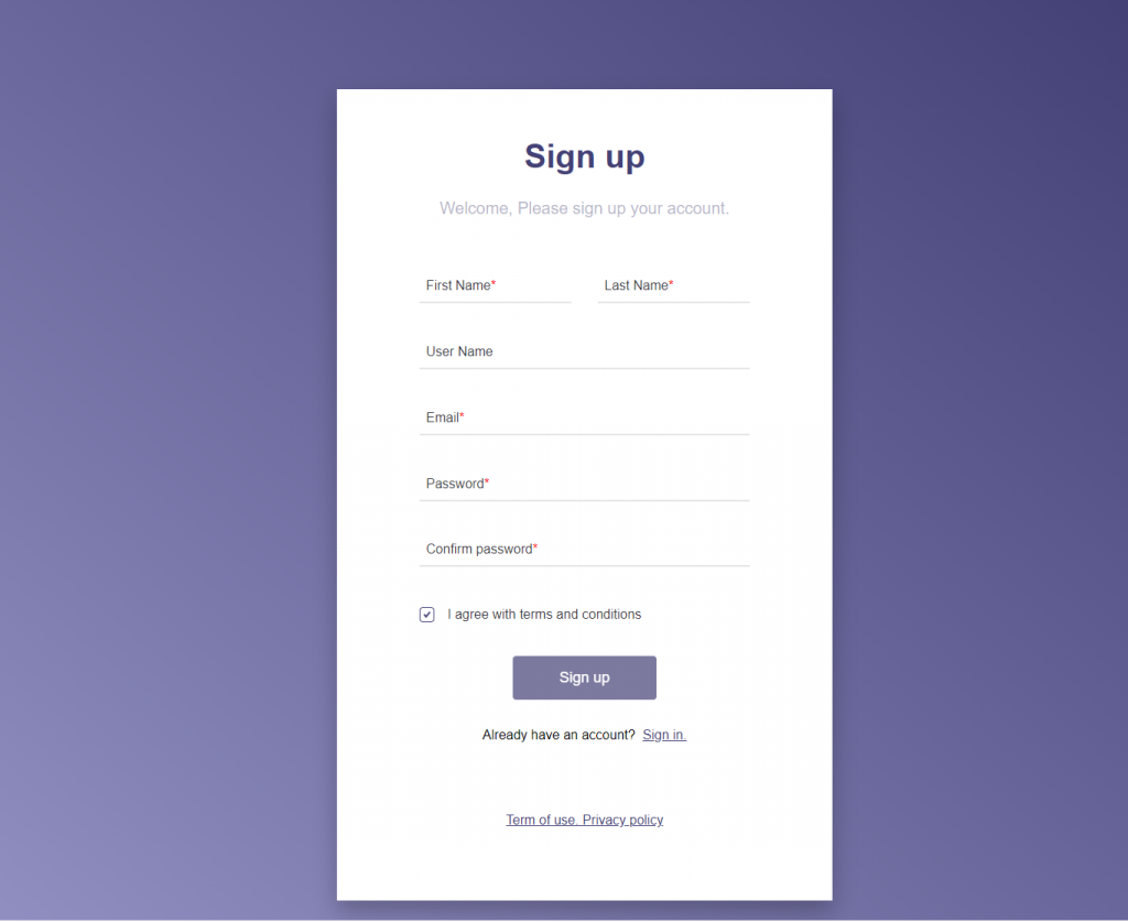 Template sign up from Sign up from Html code