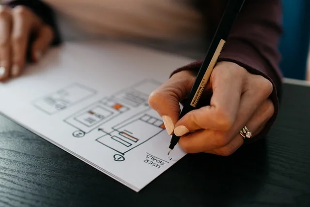  A woman designing a site on a piece of paper. 